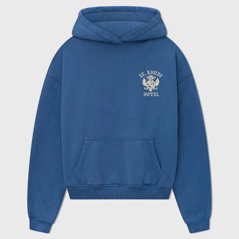 St. Rhude Seal Pullover Hoodie Hoodie unisex detail view 3 | Dash Racegear — St. Rhude Hotel Seal 2025 royal blue fleece pullover hoodie front view.