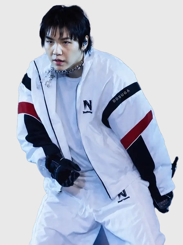 BTS Min Yoongi Arirang World Tour Stanford Stadium Jacket Jacket unisex detail view 4 | Dash Racegear — White jacket inspired by BTS Suga Arirang World Tour 2026 with Nahmias design and relaxed unisex fit.