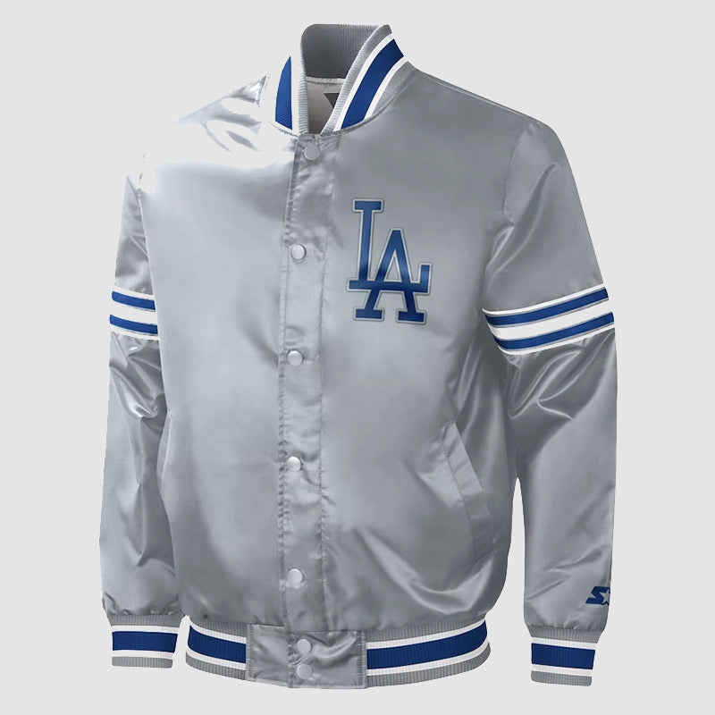 Los Angeles Dodgers Slider Gray Satin Jacket Jacket unisex front product view | Dash Racegear — LA Dodgers Slider Jacket – Gray Satin Classic