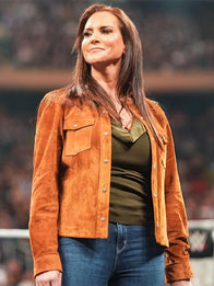 Stephanie McMahon Monday Night RAW Jacket Jacket unisex front product view | Dash Racegear — Monday Night RAW 2026 Stephanie McMahon brown jacket, perfect for fans and stylish streetwear.