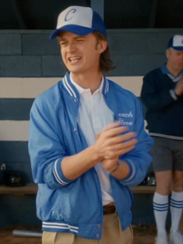 Stranger Things Steve Harrington Blue Coach Jacket Jacket unisex detail view 4 | Dash Racegear — Recreation Stranger Things S05 Coach Steve blue bomber jacket designed for casual layering and everyday wear