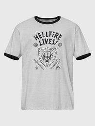 Stranger Things Hellfire Lives Ringer T-Shirt Shirt unisex front product view | Dash Racegear — Recreation Stranger Things season 05 Hellfire Lives grey ringer T-shirt featuring contrast trim and a bold graphic design