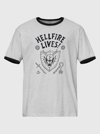 Stranger Things Hellfire Lives Ringer T-Shirt Shirt unisex front product view | Dash Racegear — Recreation Stranger Things season 05 Hellfire Lives grey ringer T-shirt featuring contrast trim and a bold graphic design