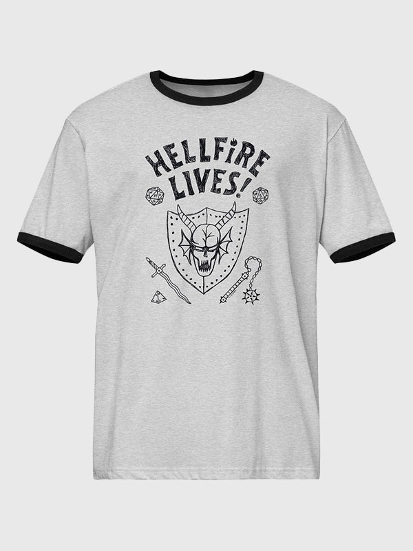 Stranger Things Hellfire Lives Ringer T-Shirt Shirt unisex front product view | Dash Racegear — Recreation Stranger Things season 05 Hellfire Lives grey ringer T-shirt featuring contrast trim and a bold graphic design