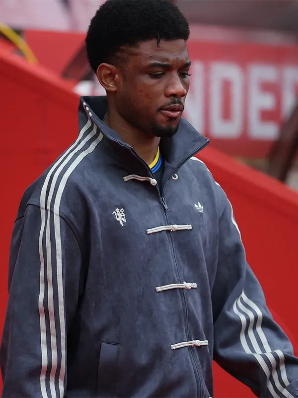Manchester United Chinese New Year Grey Jacket Jacket unisex detail view 2 | Dash Racegear — Grey suede leather football jacket inspired by Manchester United Premier League culture and Adidas athletic fashion with a premium modern finish