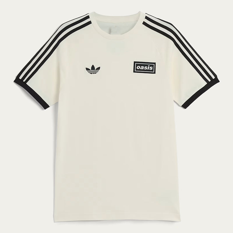 Adidas x Oasis Tour 3-Stripes Cream T-Shirt Shirt unisex front product view | Dash Racegear — Britpop Brilliance – Adidas Cream Tee with 3-Stripes Twist
