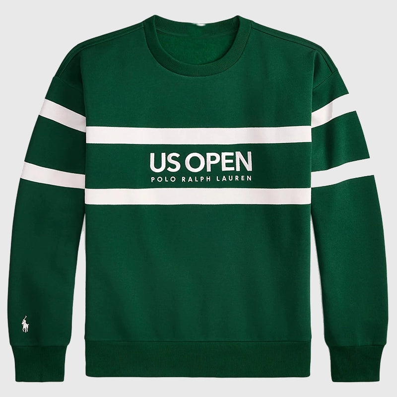 Ralph Lauren US Open 2025 Vintage Fit Sweatshirt Sweatshirt unisex front product view | Dash Racegear — Polo Ralph Lauren x US Open 2025 green vintage fit fleece sweatshirt with sporty stripes.