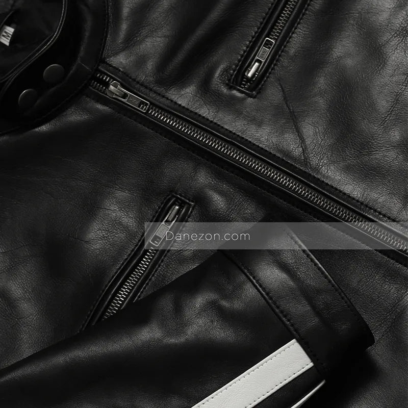 Mens White Striped Leather Jacket Biker Jacket men detail view 2 | Dash Racegear — Striped Leather Jacket mens - Dash Racegear