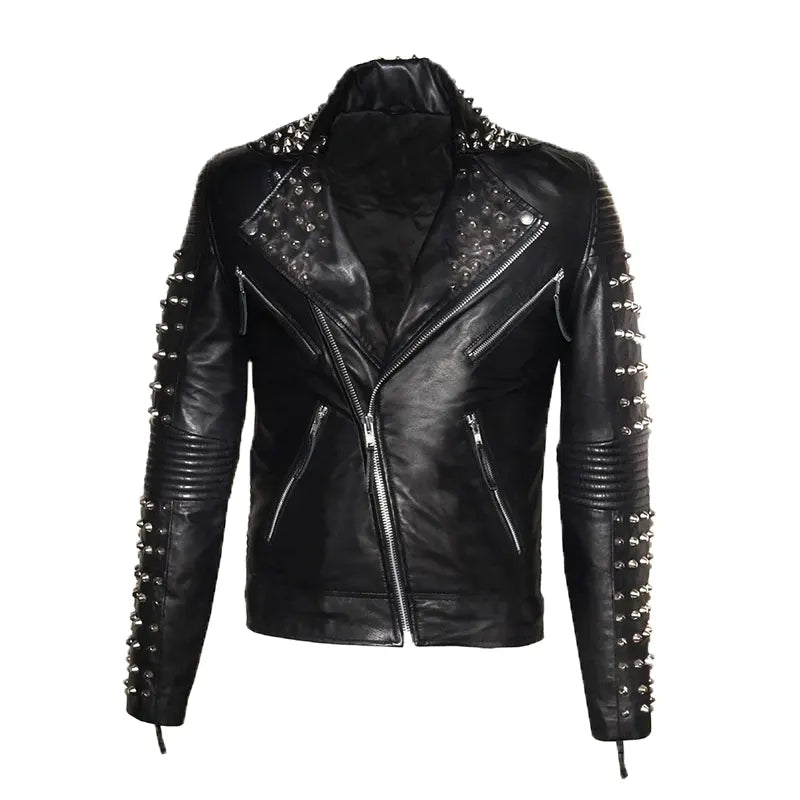 Dennis Black Studded Biker Leather Jacket Leather Jacket unisex front product view | Dash Racegear — Black Studded Biker Leather Jacket