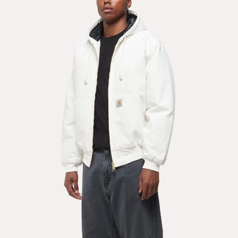 Mens White Zipper Carhartt Hooded Jacket Jacket unisex front product view | Dash Racegear — Carhartt winter hoodie white jacket
