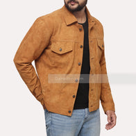 Mens Shirt Style Brown Suede Leather Jacket Leather Jacket men front product view | Dash Racegear — Mens suede leather brown jacket