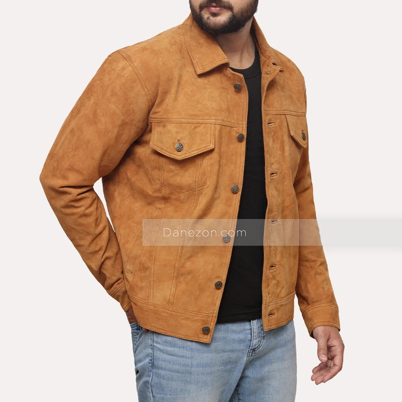 Mens Shirt Style Brown Suede Leather Jacket Leather Jacket men front product view | Dash Racegear — Mens suede leather brown jacket
