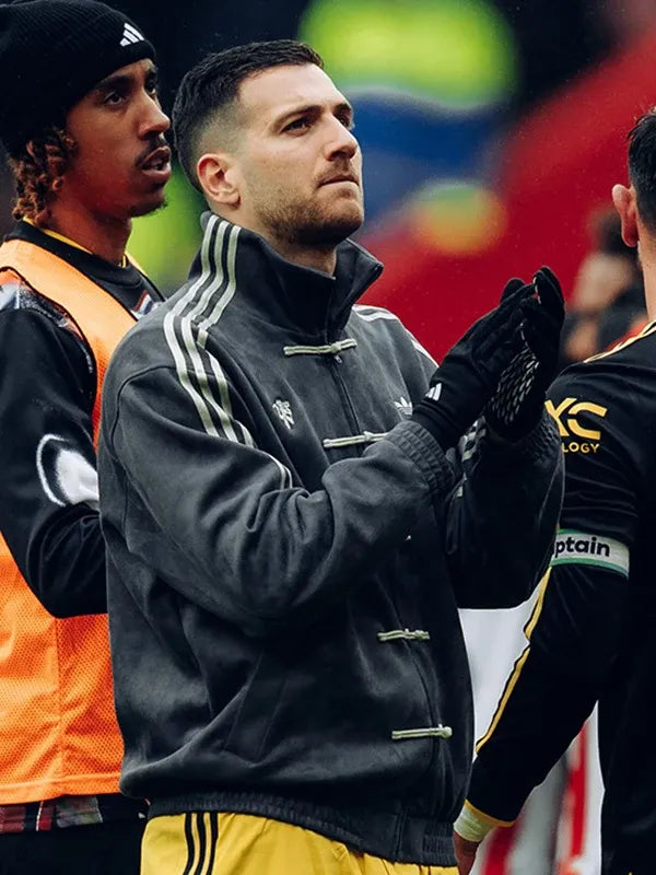 Manchester United Adidas Chinese New Year Jacket Jacket unisex detail view 5 | Dash Racegear — Grey suede leather Manchester United jacket featuring Adidas-inspired detailing and a modern football-meets-streetwear fashion appeal