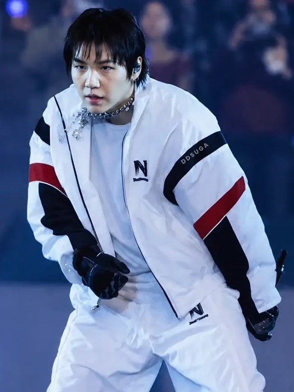 BTS Min Yoongi Arirang World Tour Stanford Stadium Jacket Jacket unisex front product view | Dash Racegear — BTS Suga 2026 Arirang World Tour Nahmias White Jacket Men & Women featuring clean white finish and soft premium feel.