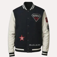 Superman x Lucky Brand Varsity Jacket Varsity Jacket unisex front product view | Dash Racegear — superman lucky brand collab jacket varsity style
