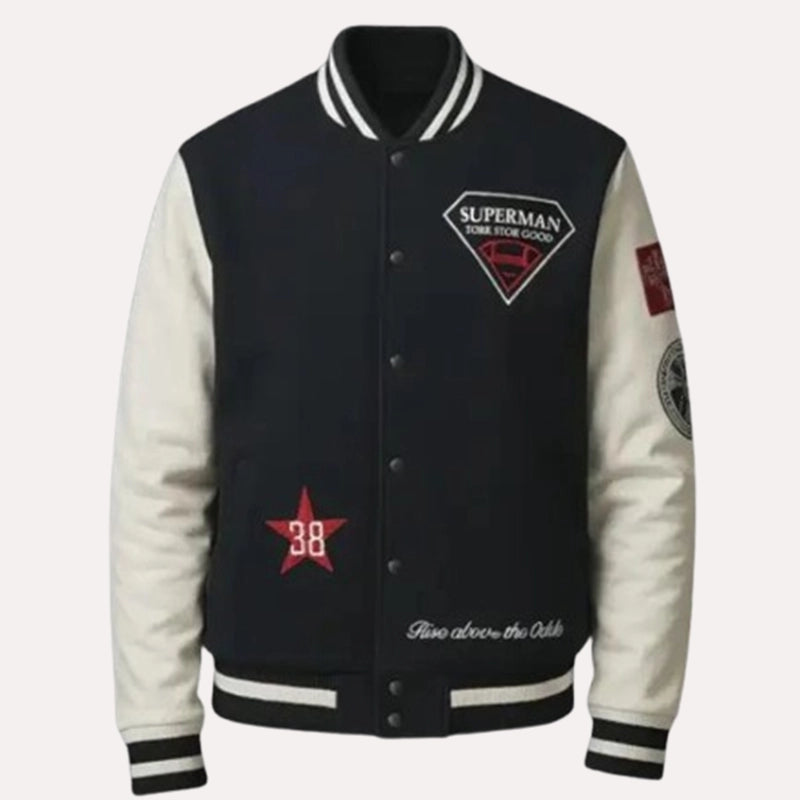 Superman x Lucky Brand Varsity Jacket Varsity Jacket unisex front product view | Dash Racegear — superman lucky brand collab jacket varsity style