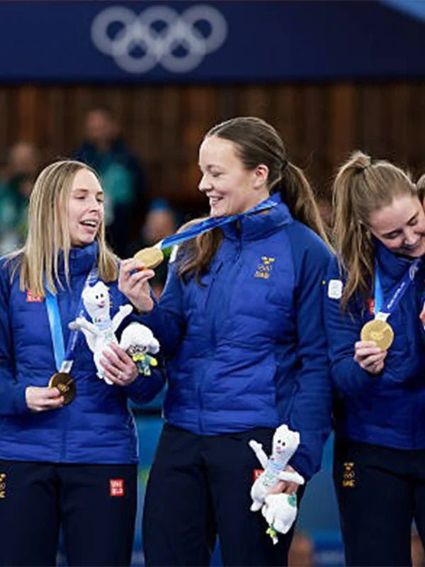 Winter Olympics 2026 Team Sweden Curling Jacket Jacket unisex front product view | Dash Racegear — Blue Team Sweden curling event puffer jacket by UNIQLO with quilted warmth, perfect for cheering at Milano Cortina 2026.
