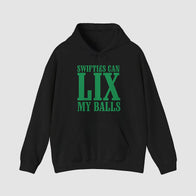 CJ Gardner Johnson Swifties Can Lix My Balls Hoodie Hoodie unisex front product view | Dash Racegear — CJ Gardner Swifties Black Hoodie with Green Font