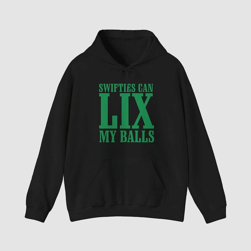 CJ Gardner Johnson Swifties Can Lix My Balls Hoodie Hoodie unisex front product view | Dash Racegear — CJ Gardner Swifties Black Hoodie with Green Font