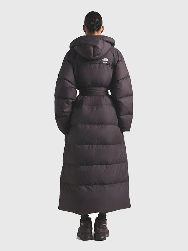 The North Face x Skims Nuptse Wrap Parka Coat Coat unisex detail view 7 | Dash Racegear — The North Face x Skims Nuptse Wrap Parka Brown Coat, premium winter coat, soft insulated lining, stylish everyday cold-weather essential for women.