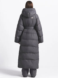 The North Face x Skims Nuptse Wrap Parka Coat Coat unisex detail view 6 | Dash Racegear — The North Face x Skims Nuptse Wrap Parka Grey Coat, high-quality winter coat, cozy and oversized design, fashionable everyday winter essential.