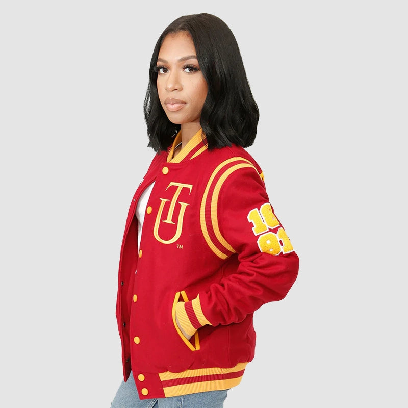 Tuskegee University Varsity Jacket Varsity Jacket unisex detail view 2 | Dash Racegear — Bold Tuskegee jacket in varsity design—perfect for showing school heritage.