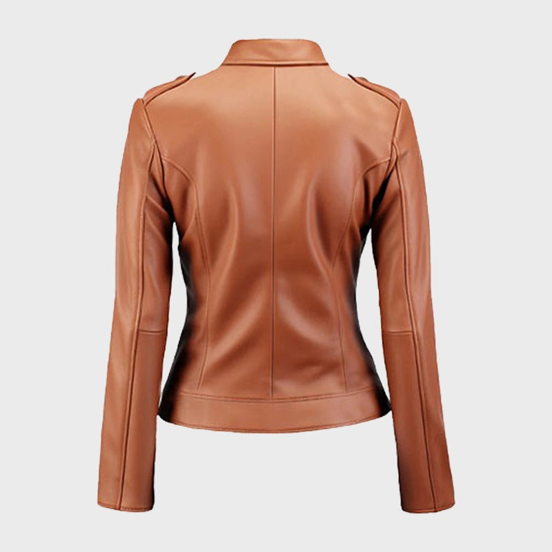 Women’s Tan Biker Leather Jacket Leather Jacket women detail view 2 | Dash Racegear — Sheepskin Biker Tan Brown Leather Jacket
