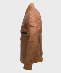Mens Quilted Tan Brown Bomber Leather Jacket Leather Jacket men detail view 2 | Dash Racegear — Mens Tan Quilted Leather Bomber Jacket