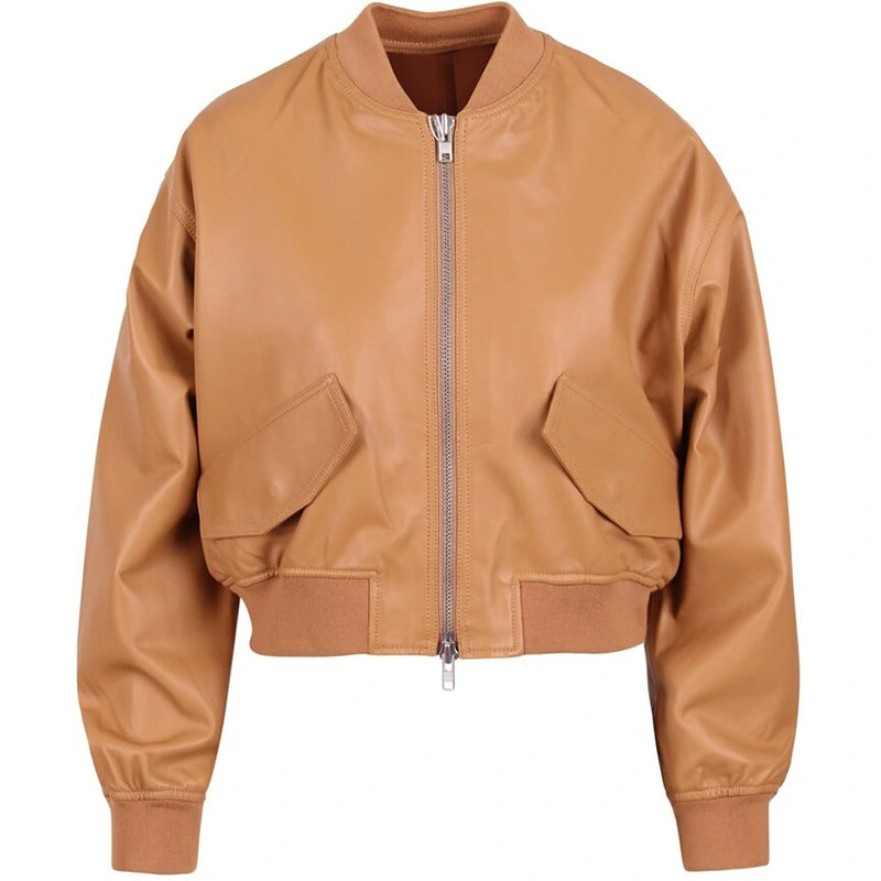 Women’s Tan Brown Cropped Leather Jacket Leather Jacket women front product view | Dash Racegear — Women's Tan Brown Cropped Leather Jacket