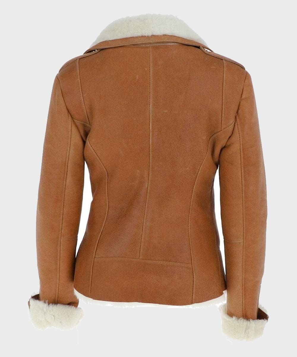 Womens Tan Brown Shearling Leather Jacket Leather Jacket women detail view 4 | Dash Racegear — Womens Tan Brown Leather Sheepskin Shearling Jacket