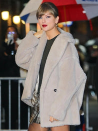 Taylor Swift Late Show With Stephen Colbert Fur Coat Coat unisex front product view | Dash Racegear — Taylor Swift faux fur teddy coat inspired by her Late Show With Stephen Colbert appearance, featuring a soft plush texture.