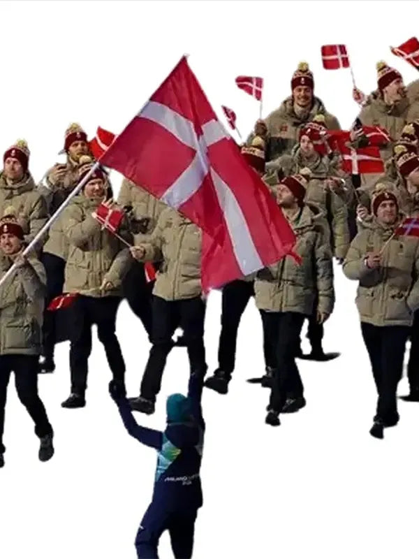 Winter Olympics 2026 Team Denmark Jacket Jacket unisex front product view | Dash Racegear — Cozy hooded puffer jacket in Team Denmark colors for Milano Cortina Winter Olympics 2026 with fan‑forward style.