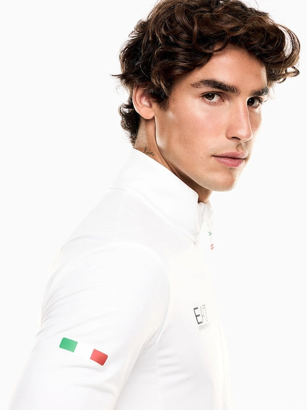 Winter Olympics 2026 Team Italy EA7 Emporio Armani Powerstretch Jacket Jacket unisex detail view 4 | Dash Racegear — Unisex Milano Cortina 2026 Team Italy EA7 Emporio Armani jacket in white, Powerstretch panels for mobility and style.