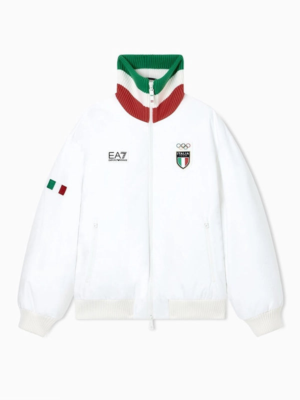 Winter Olympics 2026 Team Italy EA7 Emporio Armani Bomber Jacket Bomber Jacket unisex detail view 4 | Dash Racegear — Stay warm and stylish in this white unisex EA7 Emporio Armani Milano Cortina 2026 Team Italy full-zip bomber jacket.