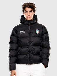 Winter Olympics 2026 Team Italy EA7 Emporio Armani Puffer Jacket Puffer Jacket unisex detail view 2 | Dash Racegear — Black EA7 Emporio Armani Winter Olympics 2026 Team Italy Parachute Puffer Jacket, insulated design ideal for winter events and travel.