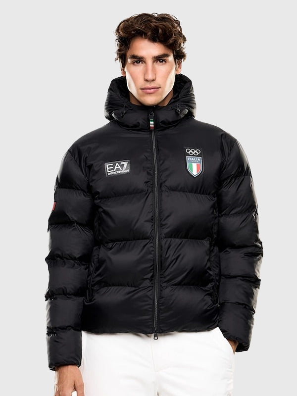 Winter Olympics 2026 Team Italy EA7 Emporio Armani Puffer Jacket Puffer Jacket unisex detail view 2 | Dash Racegear — Black EA7 Emporio Armani Winter Olympics 2026 Team Italy Parachute Puffer Jacket, insulated design ideal for winter events and travel.