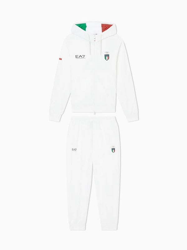 Winter Olympics 2026 Team Italy EA7 Emporio Armani Tracksuit Tracksuit unisex front product view | Dash Racegear — White Milano Cortina 2026 Team Italy EA7 Emporio Armani tracksuit, ideal for fans and athleisure looks.