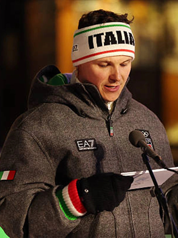 EA7 Emporio Armani Team Italy Opening Ceremony Jacket Jacket unisex detail view 4 | Dash Racegear — EA7 Emporio Armani grey wool bomber jacket for Team Italy fans, perfect for Winter Olympics events.