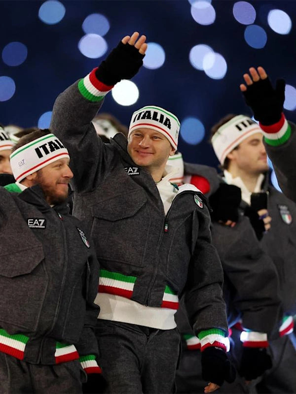 EA7 Emporio Armani Team Italy Opening Ceremony Jacket Jacket unisex front product view | Dash Racegear — Celebrate Milano Cortina 2026 in style with the EA7 Emporio Armani Team Italy grey wool bomber jacket.