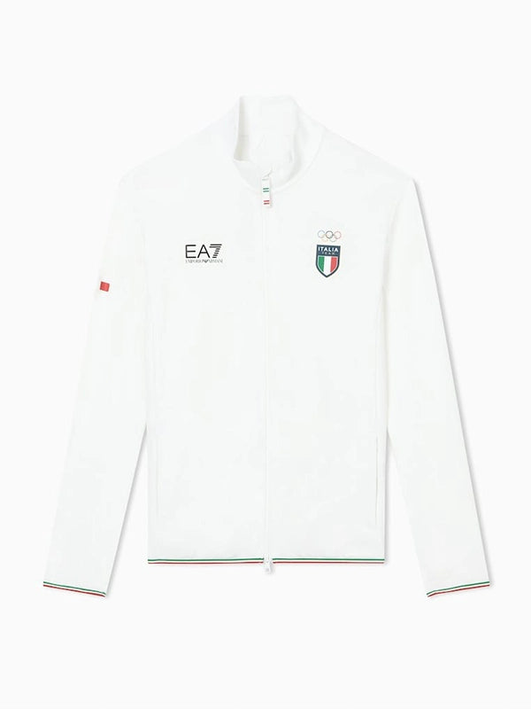Winter Olympics 2026 Team Italy EA7 Emporio Armani Powerstretch Jacket Jacket unisex front product view | Dash Racegear — Stay warm and agile in this white unisex EA7 Emporio Armani Milano Cortina 2026 Team Italy Powerstretch jacket.