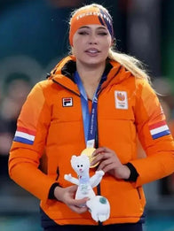 Winter Olympics 2026 Team Netherlands Jutta Leerdam Puffer Jacket Puffer Jacket unisex front product view | Dash Racegear — Milano Cortina 2026 Team Netherlands Jutta Leerdam orange puffer jacket with bold crest and quilted warmth for Olympic fans.