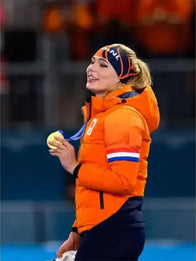 Winter Olympics 2026 Team Netherlands Jutta Leerdam Puffer Jacket Puffer Jacket unisex detail view 4 | Dash Racegear — Team Netherlands Jutta Leerdam bright orange puffer from Milano Cortina 2026, perfect for cold-weather fan celebrations.