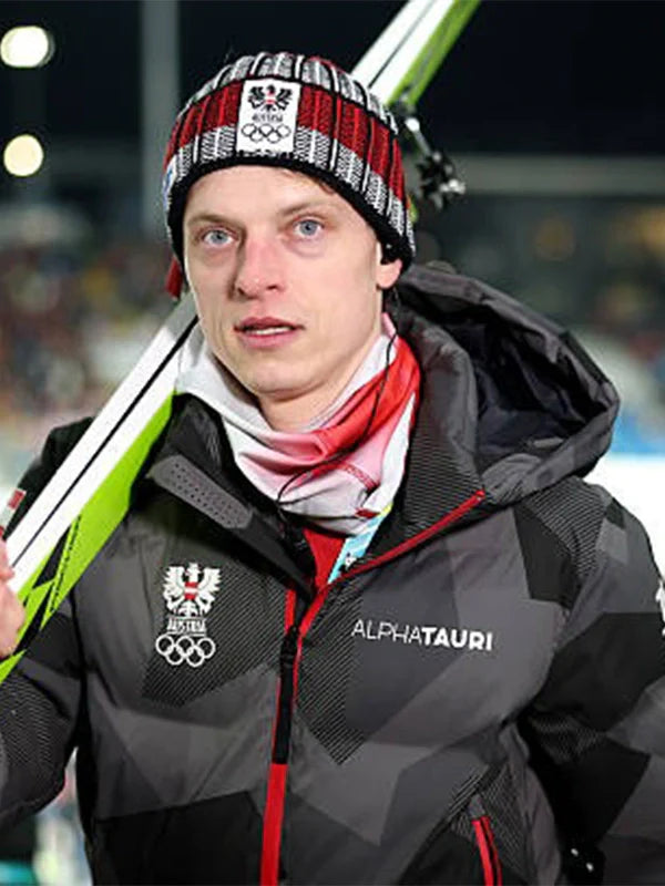 Winter Olympics 2026 Team Austria Grey Jacket Jacket unisex detail view 2 | Dash Racegear — Team Austria grey hooded jacket for ski jumping at Milano Cortina 2026, cozy with zip front and clean lines.