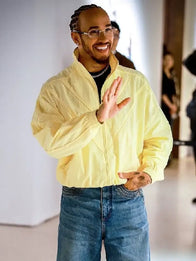 TeamLHChina Lewis Hamilton Yellow Jacket Jacket unisex front product view | Dash Racegear — TeamLH China Art Exhibition 2026 Lewis Hamilton yellow jacket with bold design for motorsport fans.