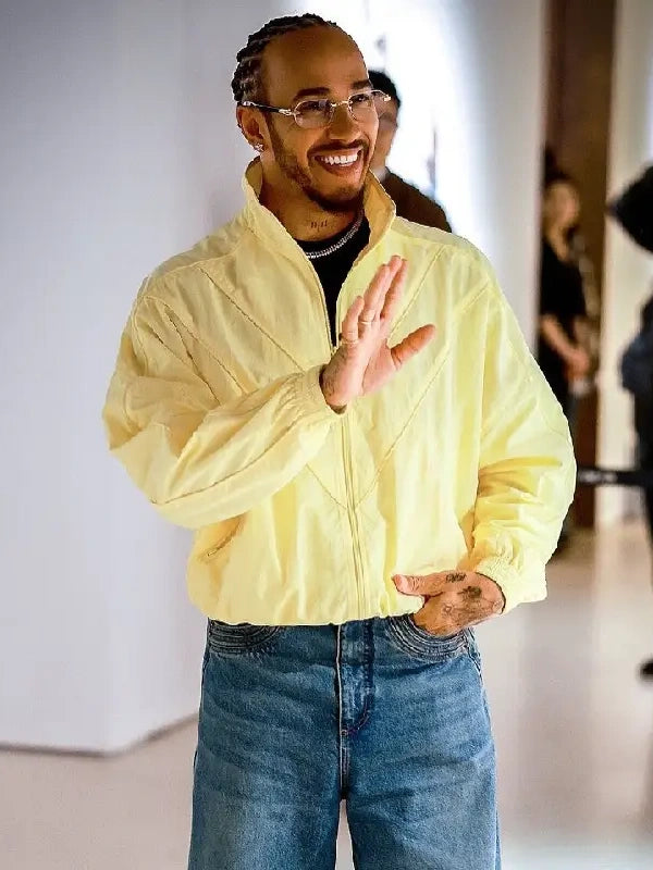 TeamLHChina Lewis Hamilton Yellow Jacket Jacket unisex front product view | Dash Racegear — TeamLH China Art Exhibition 2026 Lewis Hamilton yellow jacket with bold design for motorsport fans.