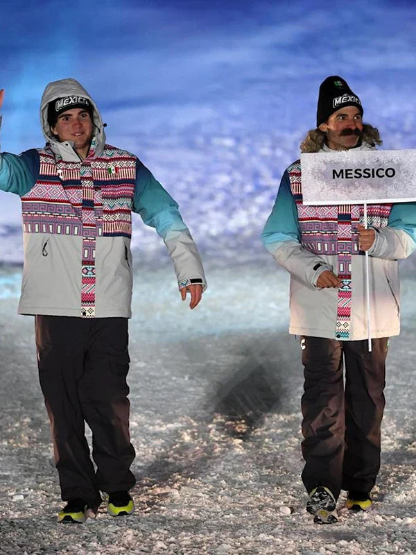 Winter Olympics 2026 Opening Ceremony Team Mexico Jacket Jacket unisex detail view 2 | Dash Racegear — Gray Charly Team Mexico Milano Cortina 2026 Opening Ceremony hooded jacket with colorful stitched yoke for fans and athletes.