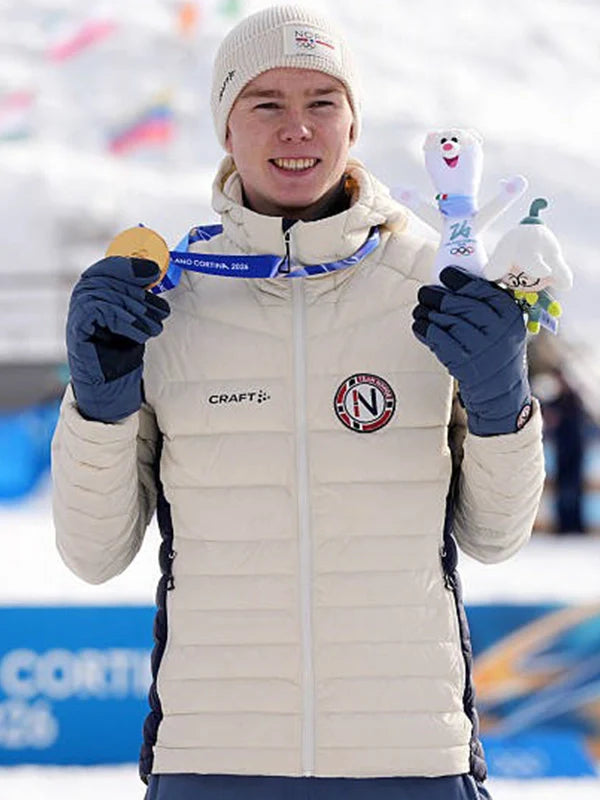 Winter Olympics 2026 Team Norway Puffer Jacket Puffer Jacket unisex front product view | Dash Racegear — Milano Cortina 2026 Team Norway off-white light down puffer jacket by Craft, perfect for Winter Olympics fans.