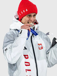 Milano Cortina 2026 Winter Olympics Team Poland Jacket Jacket unisex front product view | Dash Racegear — White Winter Olympics 2026 Milano Cortina Team Poland full-zip hooded jacket with bold red accents and crest.