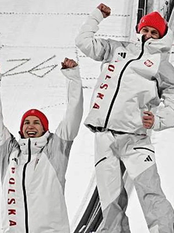 Milano Cortina 2026 Winter Olympics Team Poland Jacket Jacket unisex detail view 2 | Dash Racegear — Milano Cortina 2026 Team Poland unisex hooded jacket in white with zip front and Poland flag detailing.