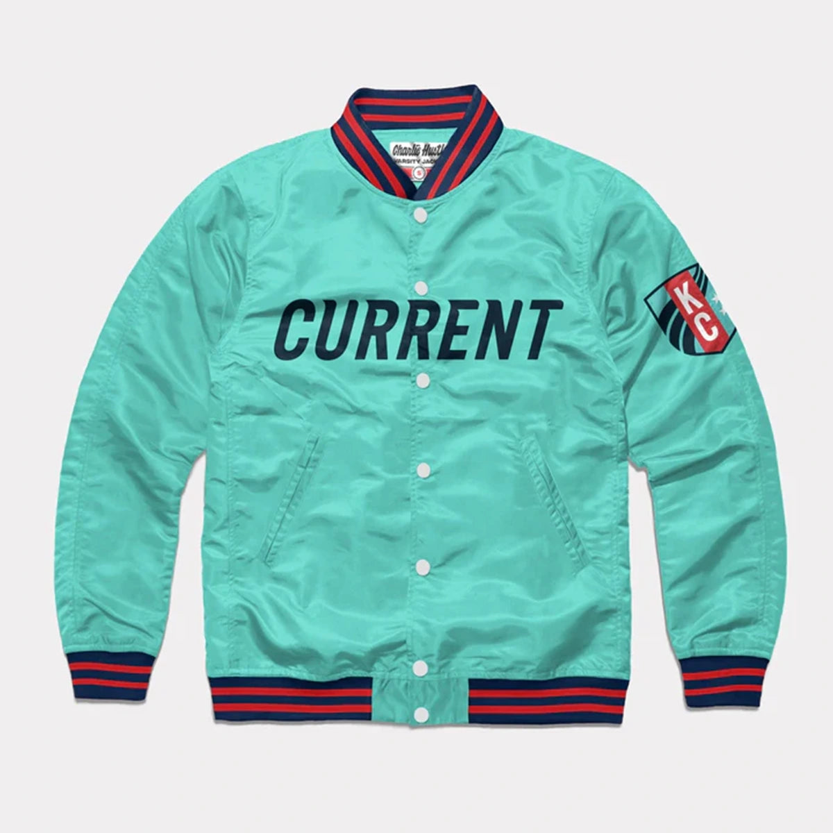 Ted Lasso KC Current Letterman Jacket Jacket unisex front product view | Dash Racegear — Classic Ted Lasso KC Current letterman-style jacket for sports lovers